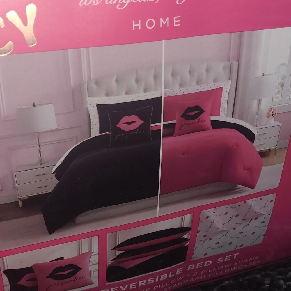 Juicy Couture Pink and Black Reversible Comforter Set - Queen
